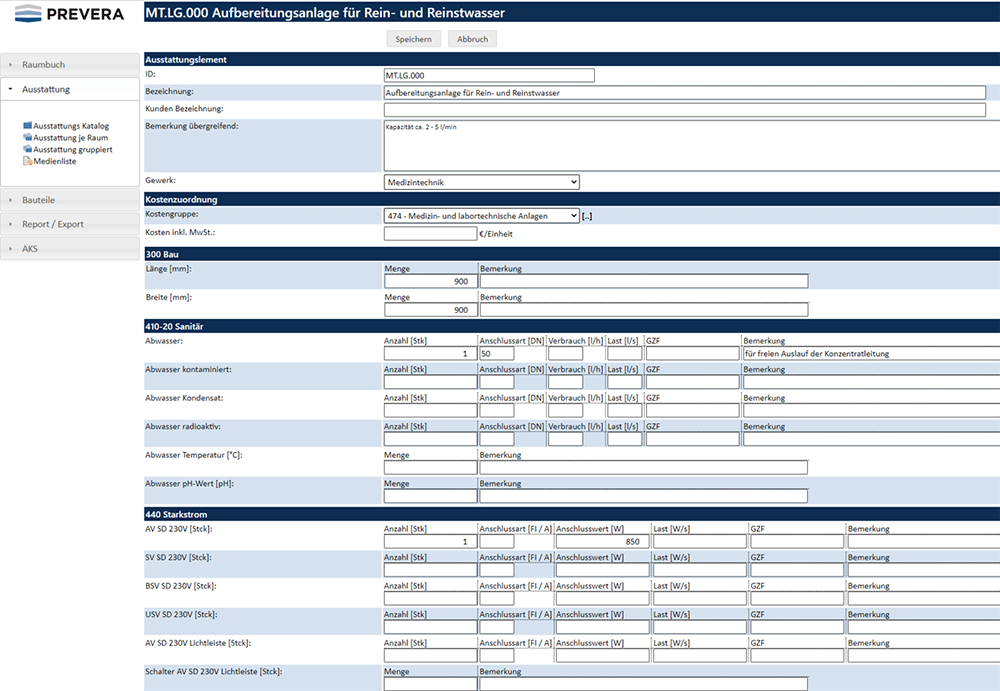 PREVERA Datenbank für Medizin- und Labortechnikplanung